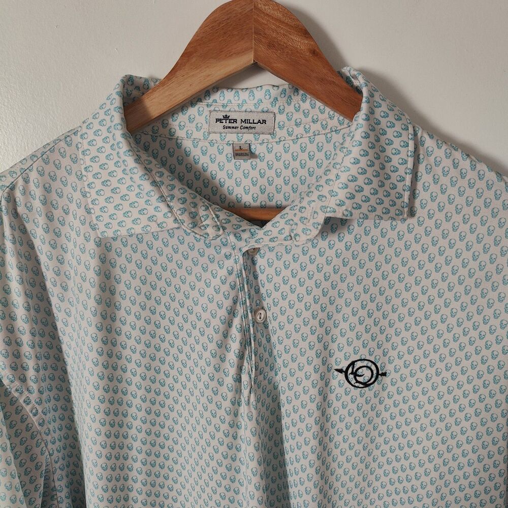Peter Millar Polo Mens Large Blue Skull Print AOP Summer Comfort Stretch Flex